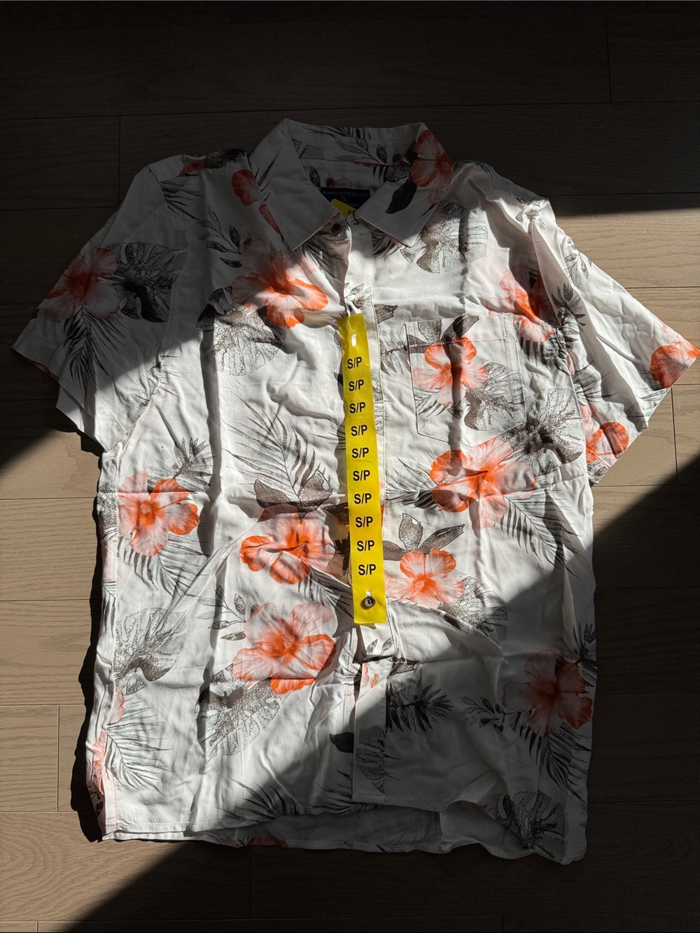 Margaritaville White Short Sleeve Button-Down with Orange Floral Print